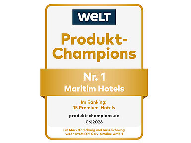 WELT Product Champion – Maritim Hotels “WELT Product Champions” award seal recognising Maritim Hotels as No. 1.