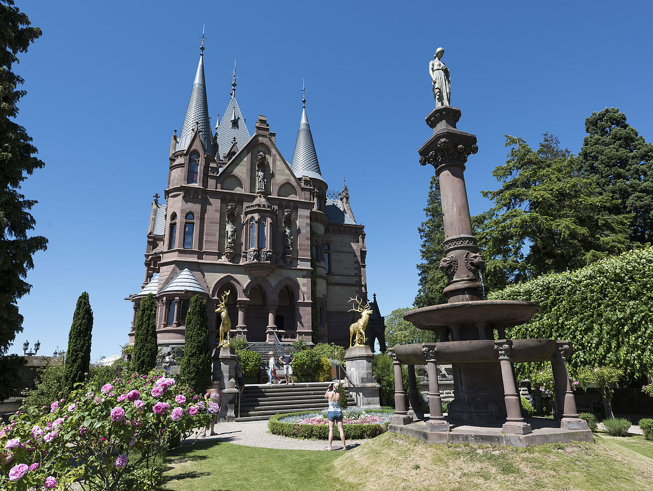 Castle Drachenburg The magnificent Drachenburg Castle with an artistic fountain and blooming garden.